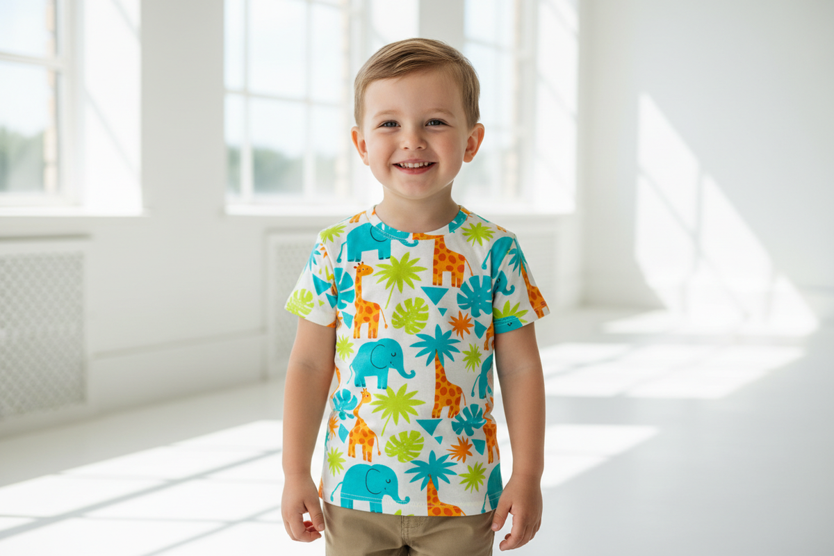 A comfortable short sleeve shirt tailored to kids. Use a kids model wearing a fun patterns like animals, abstract, or leaves and customize every detail for a perfect fit.