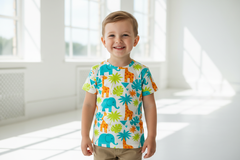 A comfortable short sleeve shirt tailored to kids. Use a kids model wearing a fun patterns like animals, abstract, or leaves and customize every detail for a perfect fit.