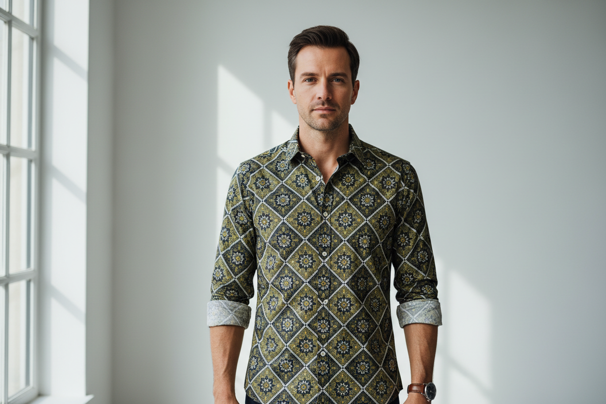 A European man wearing a full-sleeve collared button-up shirt with a premium printed design. Natural daylight setting, clean background, realistic texture, professional product feel. 