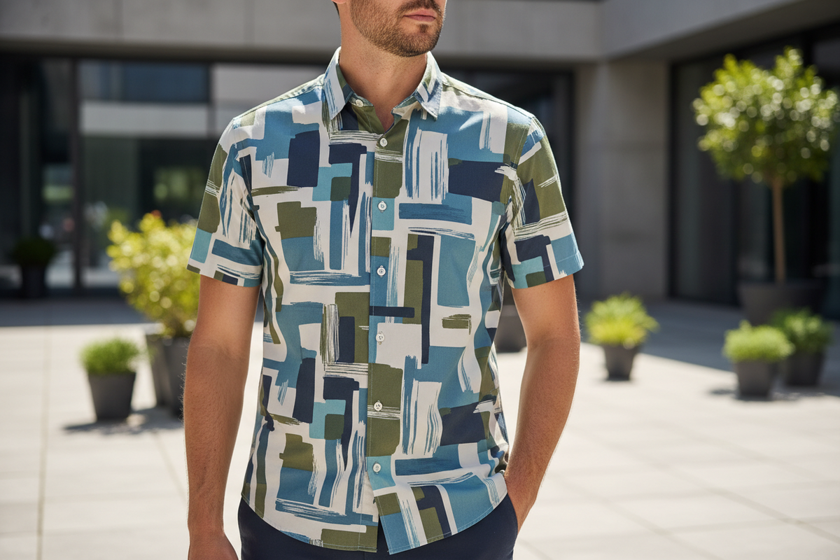 A European man wearing a short-sleeve collared button-up shirt with a clean designer or abstract print. Outdoor neutral background, natural light, professional product aesthetic.