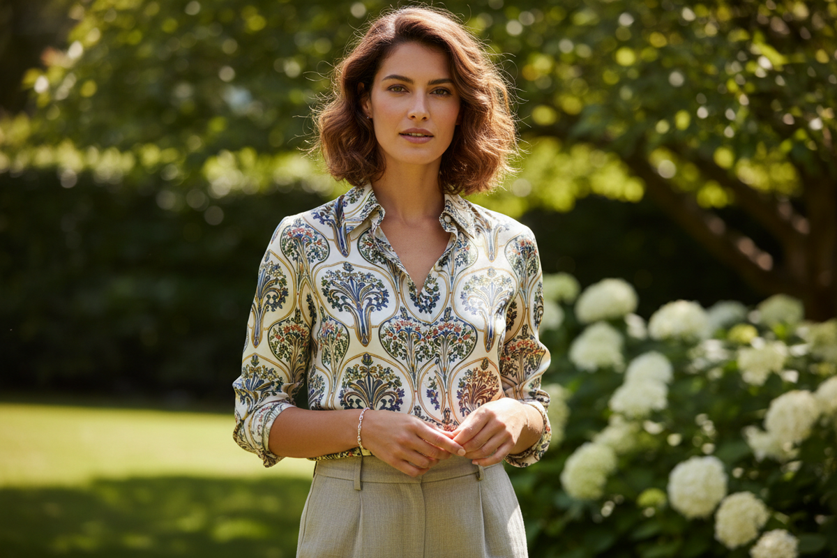 A European woman wearing a full-sleeve collared button-up shirt with an elegant printed design. Natural background, soft lighting, minimal shadows, polished product aesthetic. 3:2 aspect ratio.